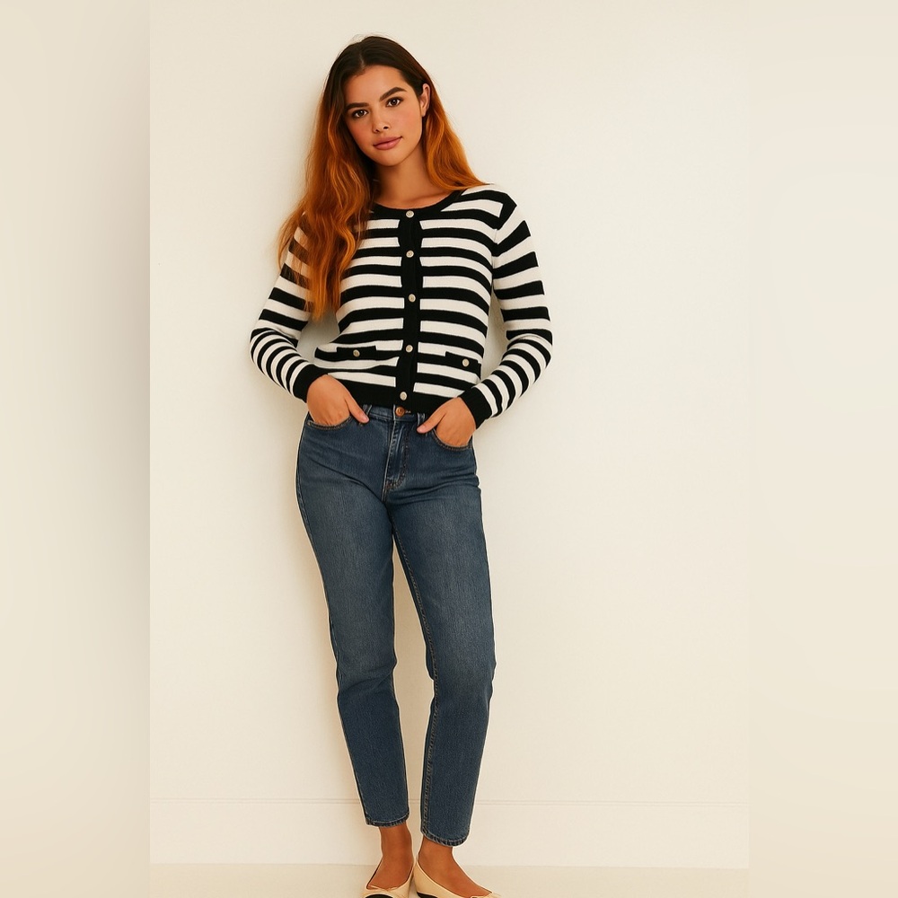 COPY - Happily Grey Black & White Striped Pattern Cardigan. Size M
